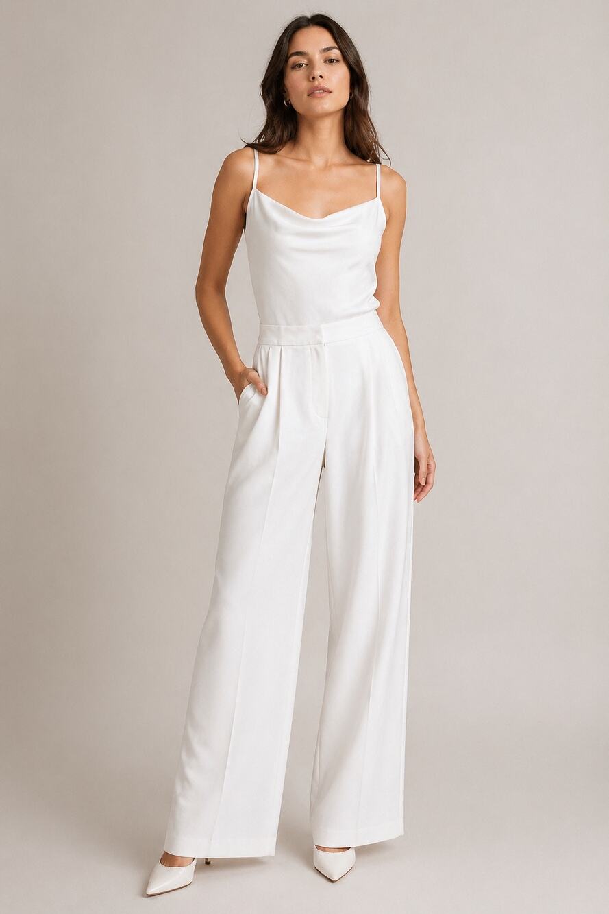 ILA Bridal Ivory Wide-Leg Trousers | Size 36 | High-Waist Pleated Pants
